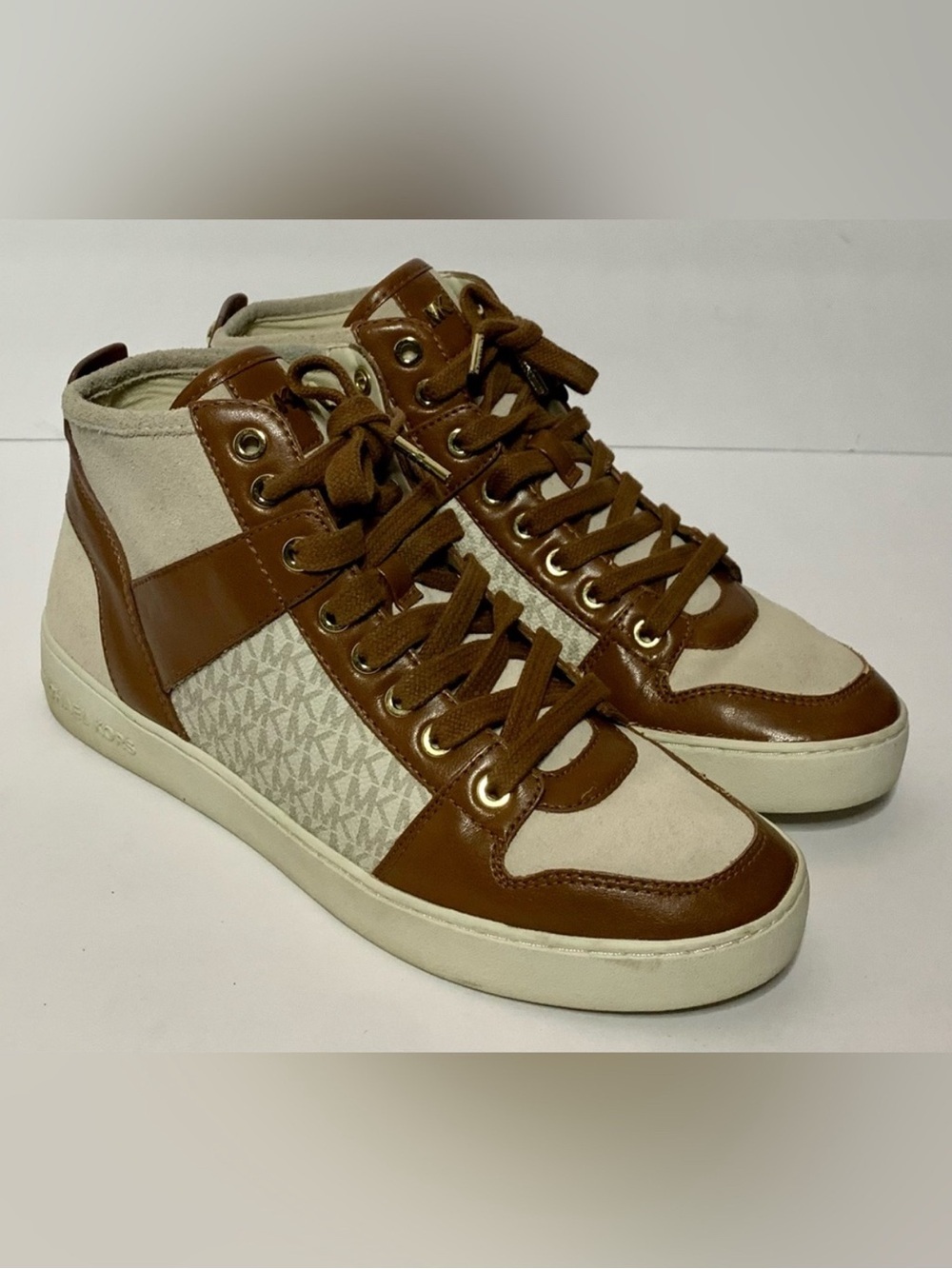 Michael Kors Brown & Cream MK Logo High Top Sneakers